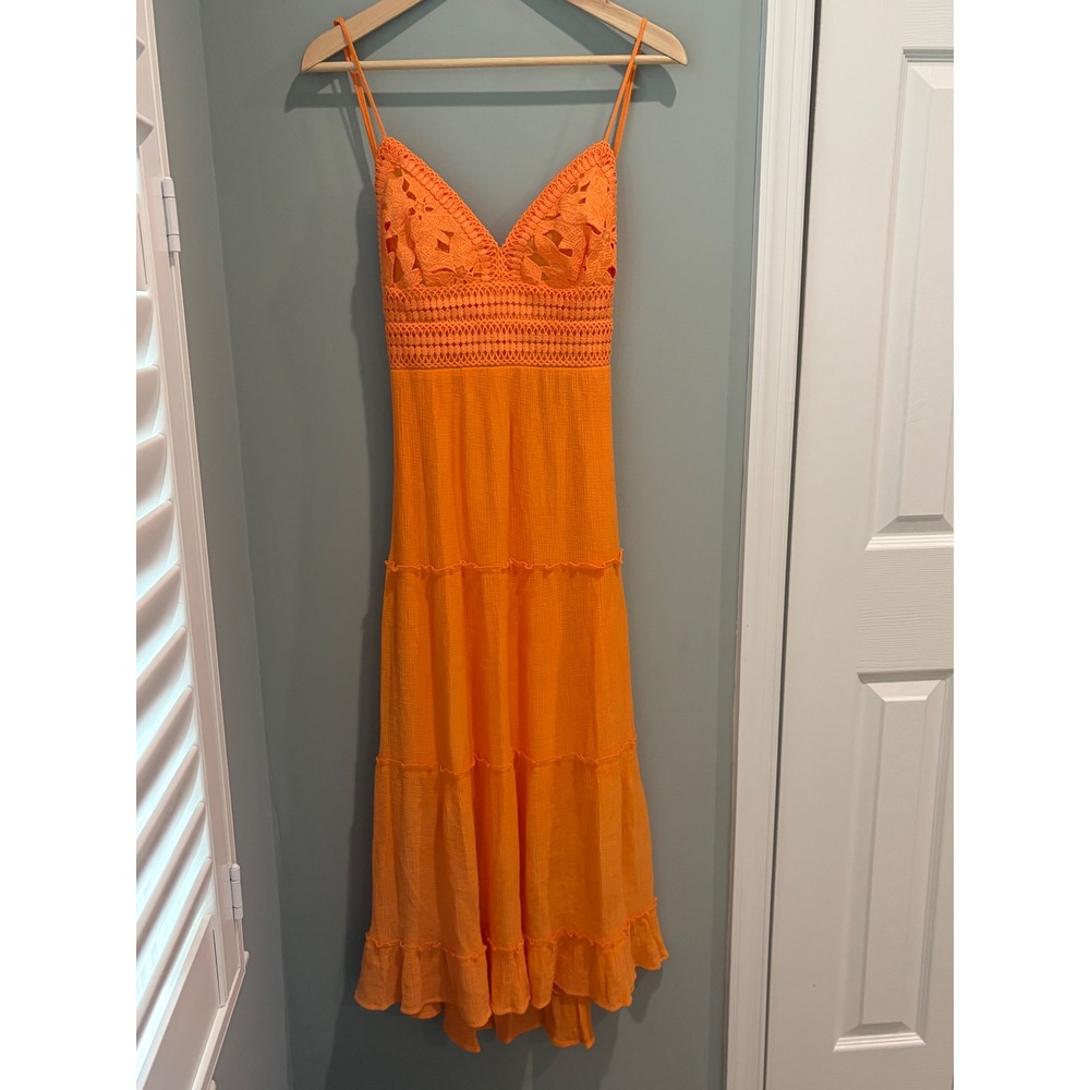 Love Tree Orange Crochet Lace Tiered Maxi Dress Boho Cutout Back Small